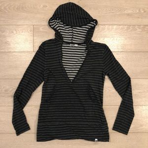 Roxy Dark Gray Striped Deep V Neck Hoodie Black